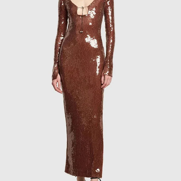 est Women Celebrity Sexy Long Sleeve Brown Mesh Sequins Long Gowns Dress Elegant Evening Party Club Dress Vestido