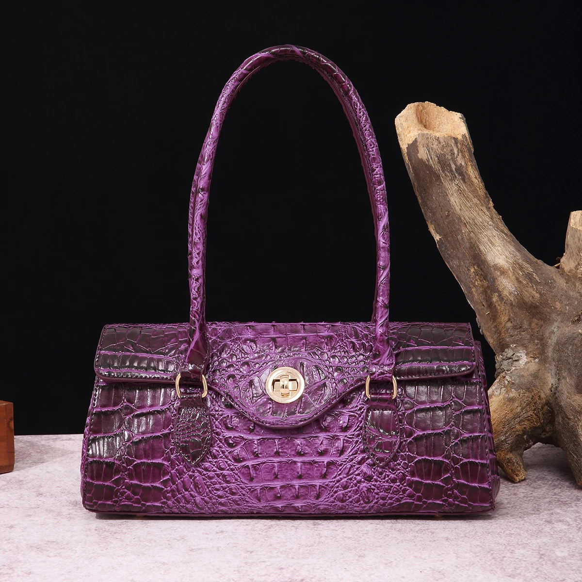 Multicolor Crocodile Pattern Fashion Handheld Stick Bag Large Capacity One Shoulder Underarm Bag Women's Luxury Handbag DarkPurple