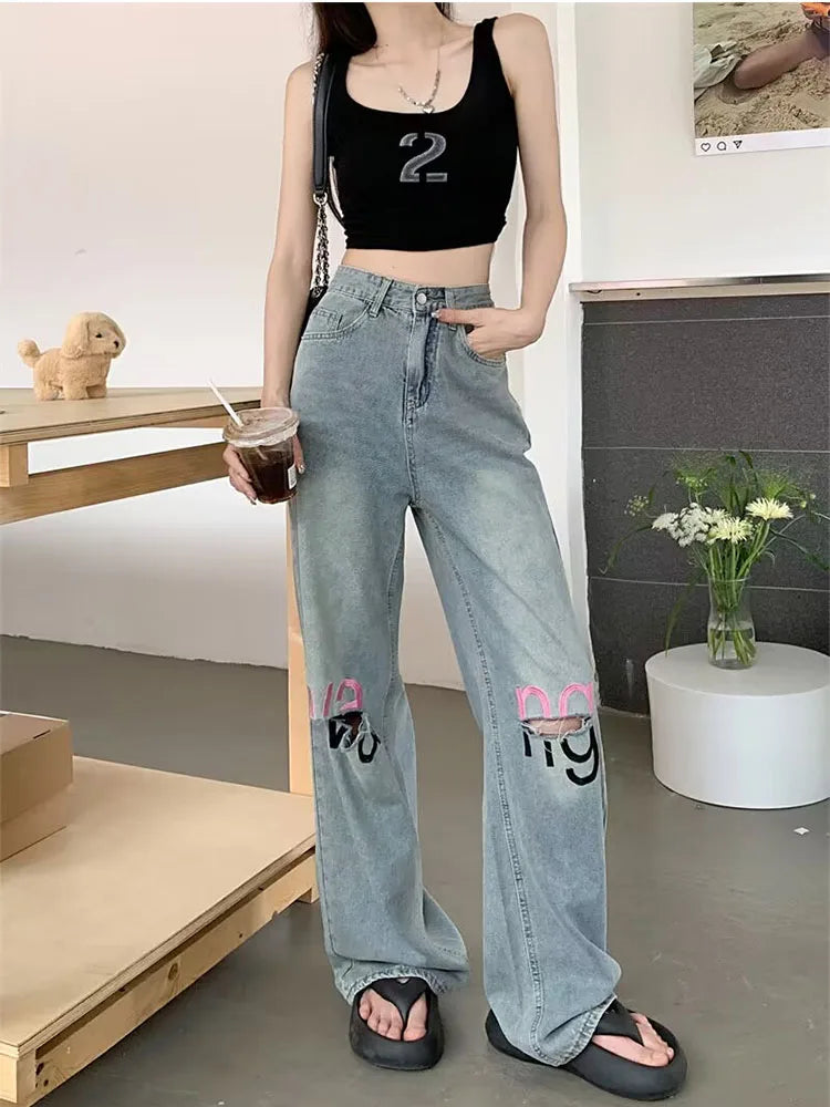 Y2K American Retro Gothic High Waist Perforated Women's Summer New High Street Loose Letter Embroidered Wide Legs