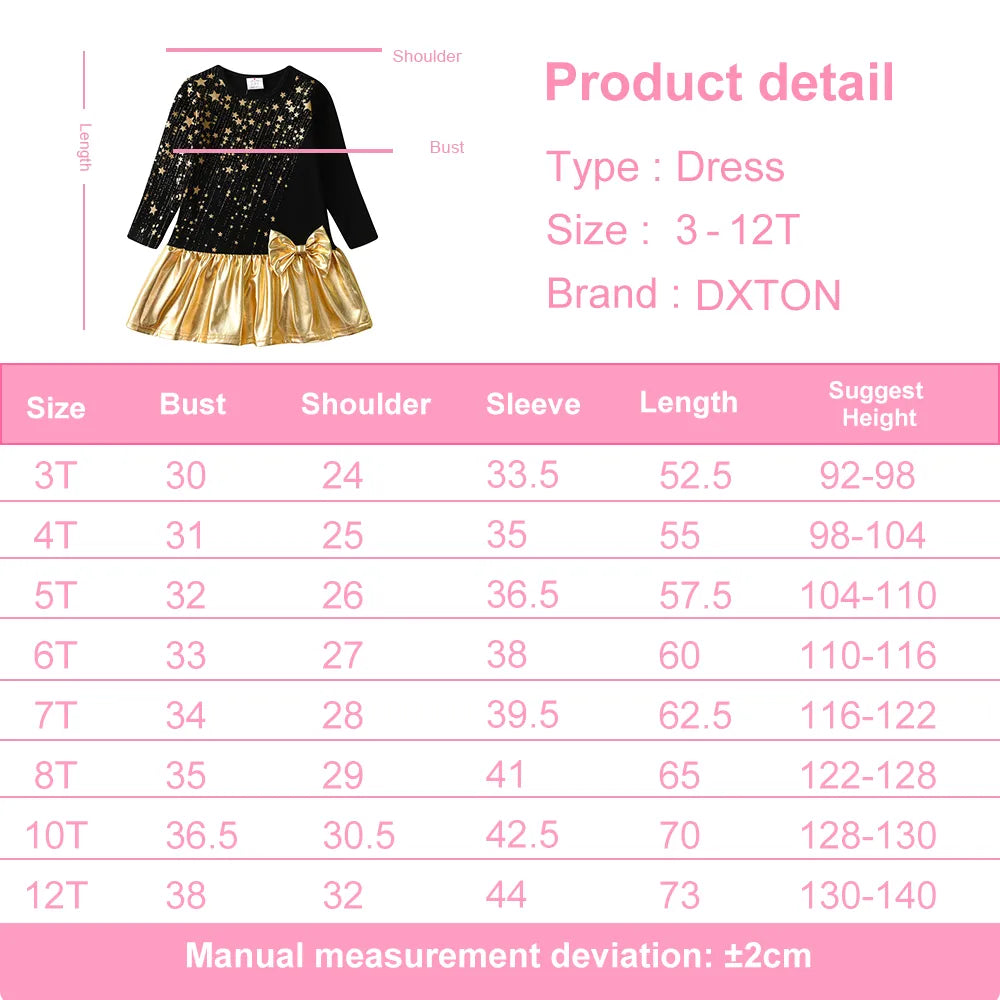 DXTON 2024 Christmas Girls Dress With Bow Star Sequin Children New Year Party Clothes Patchwork Cotton Winter Kids Baby Dresses
