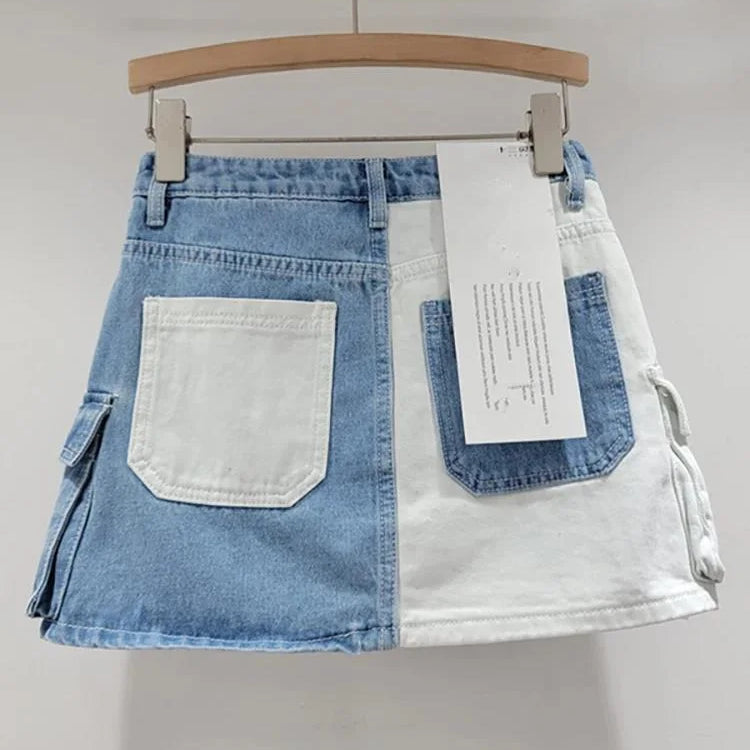 DEAT Women's Denim Skirt Contrast Color Patchwork Big Pockets Wrap Hip A-line Cargo Mini Skirt Summer New Fashion 29L6817