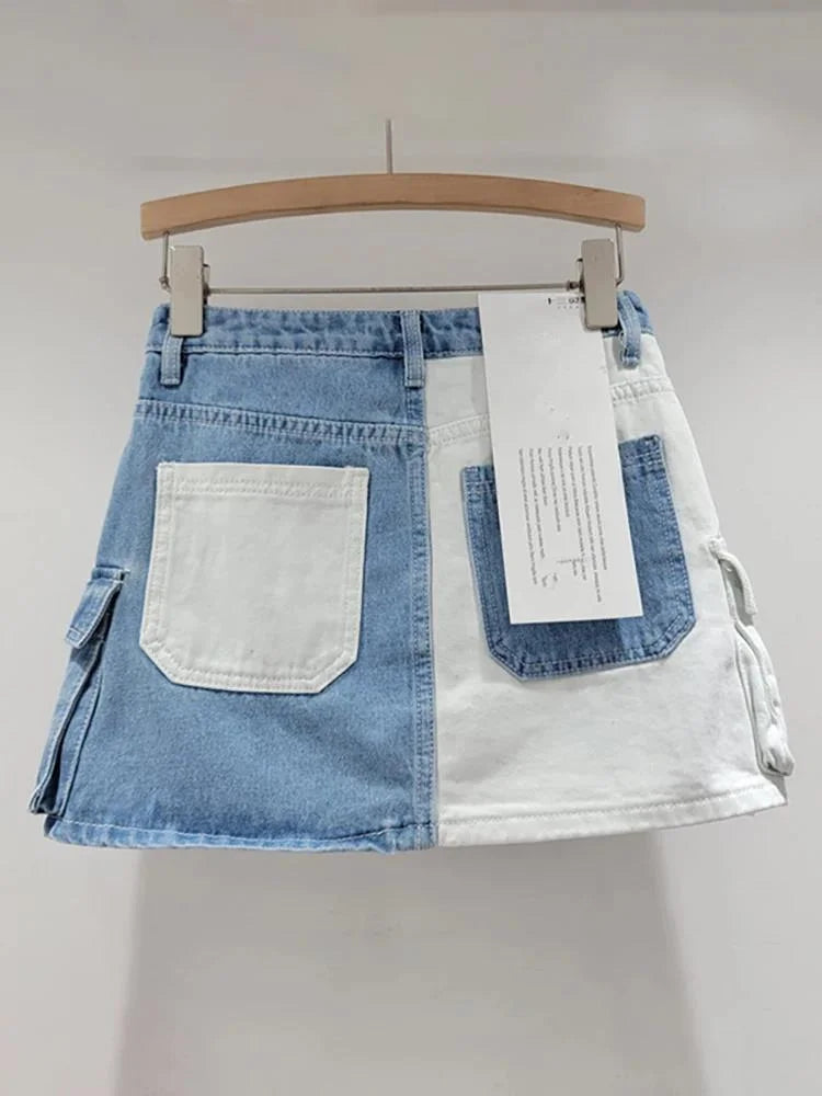 DEAT Women's Denim Skirt Contrast Color Patchwork Big Pockets Wrap Hip A-line Cargo Mini Skirt Summer New Fashion 29L6817