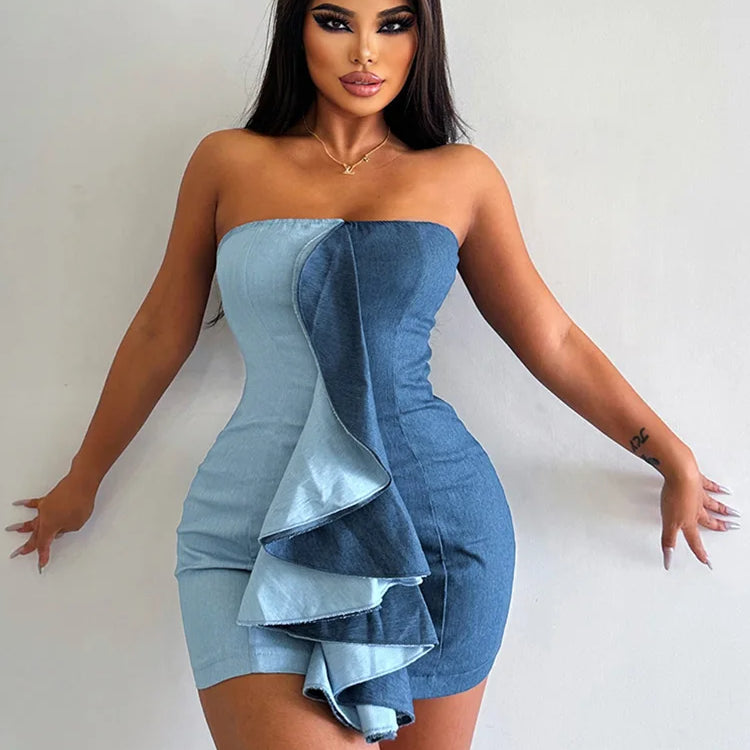 WannaThis Ruffle Faux Denim Strapless Dress Women Elegant Sleeveless Wrap Hip Mini Dresses Summer Backless Bodycon Party Dress