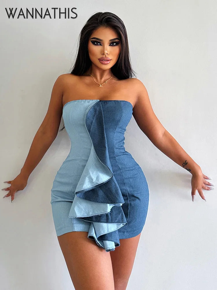 WannaThis Ruffle Faux Denim Strapless Dress Women Elegant Sleeveless Wrap Hip Mini Dresses Summer Backless Bodycon Party Dress