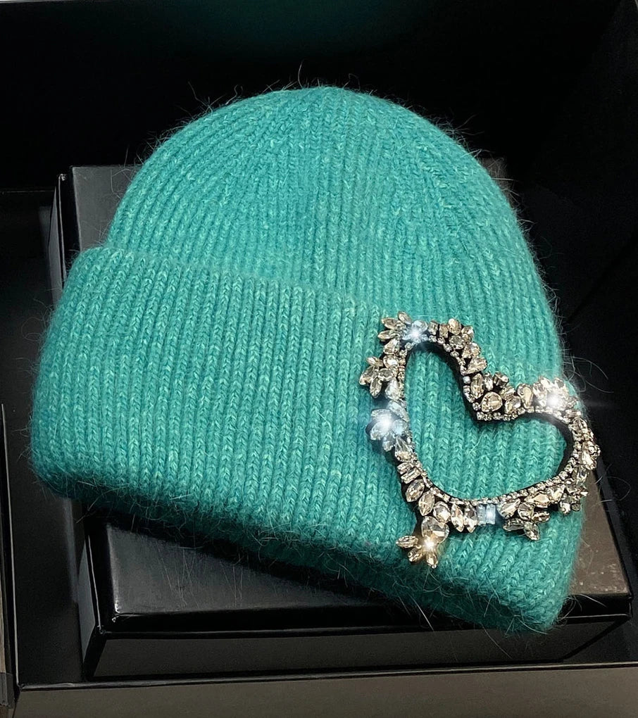 Luxury Heart Rhinestone Winter Beanies Women Solid Color Real Rabbit Fur Knitted Hat Lady Fashion Warm Pullover Caps Gifts green Adult