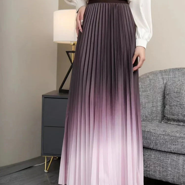 Floor-Length Long Pleated Skirt Women Gradient Color Lengthen Maxi Skirt Women Casual Patchwork Elegant Skirt Female PURPLE One Size