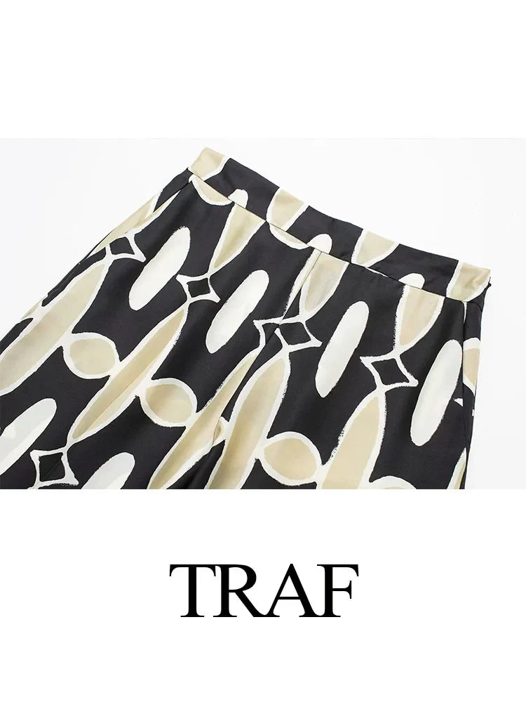 TRAF Women 2 Pieces Set Casual High Waist Pockets Elastic Waist Wide Leg Pant+Chic Printed Lapel Long Sleeve Shirt Blouse