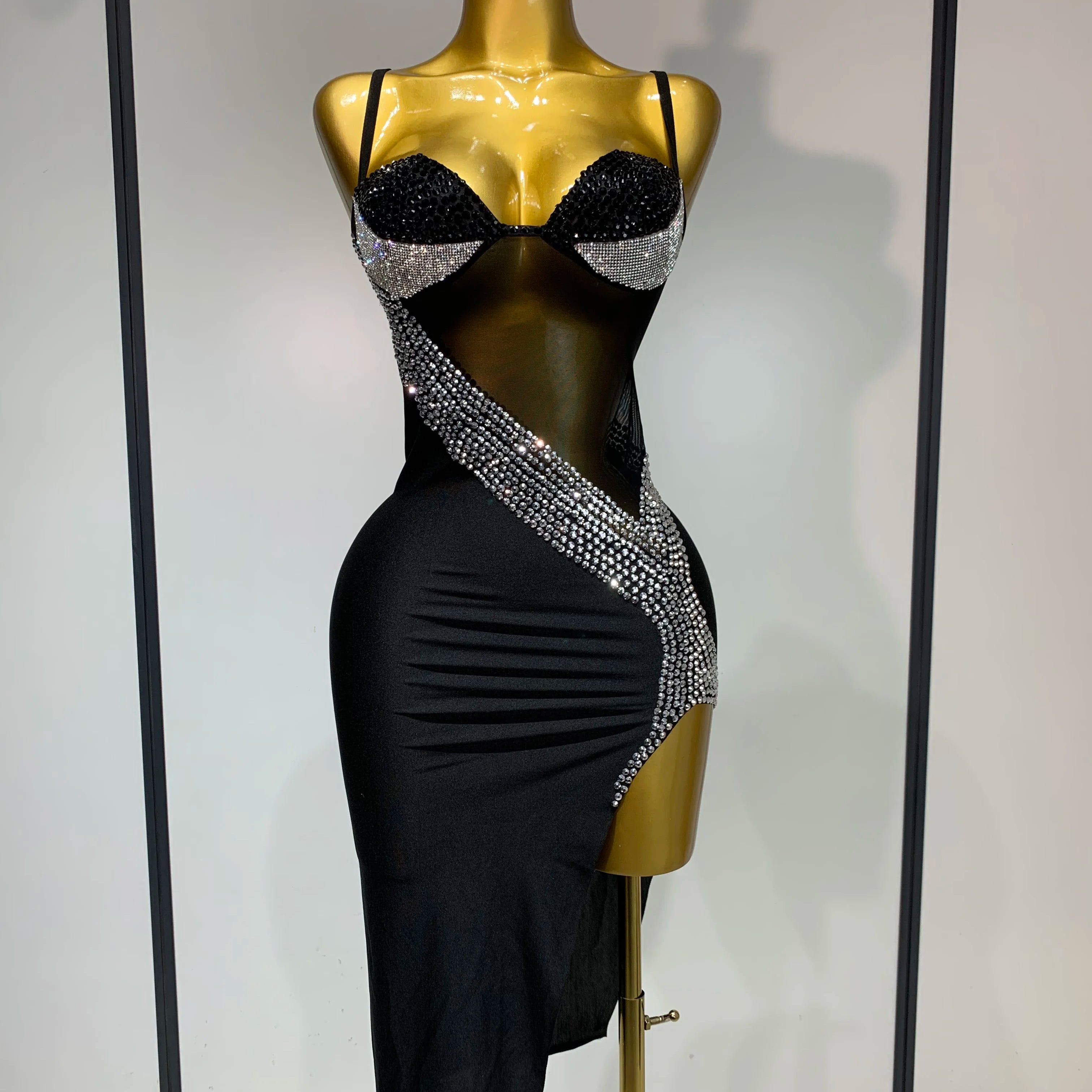 Sparkly Rhinestones Mesh Evening Party Dress Women Sexy Festival Celebrate Dj Nightclub Singer Stage Outfit Birthday Dress