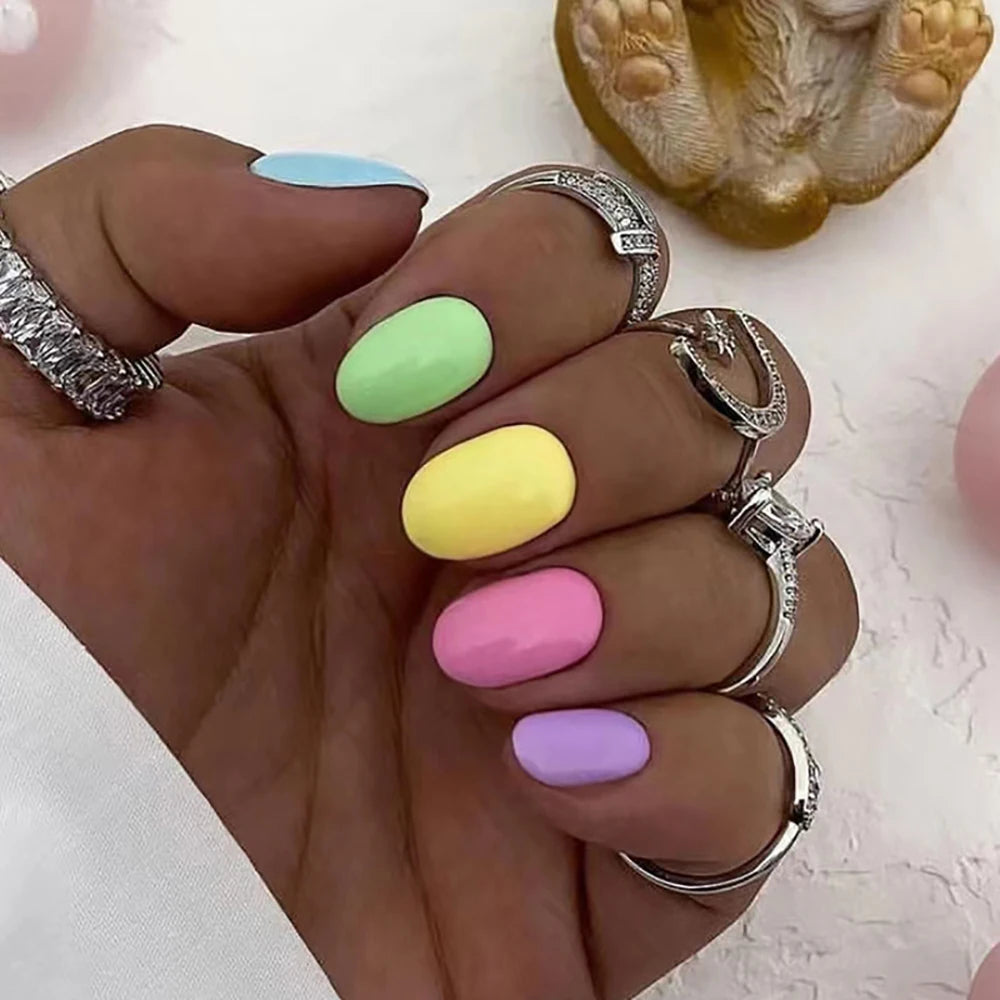 24pcs/set short sqaure almond fake nails geometric aurora gradient heart glitter designs faux ongles press on acrylic false nail
