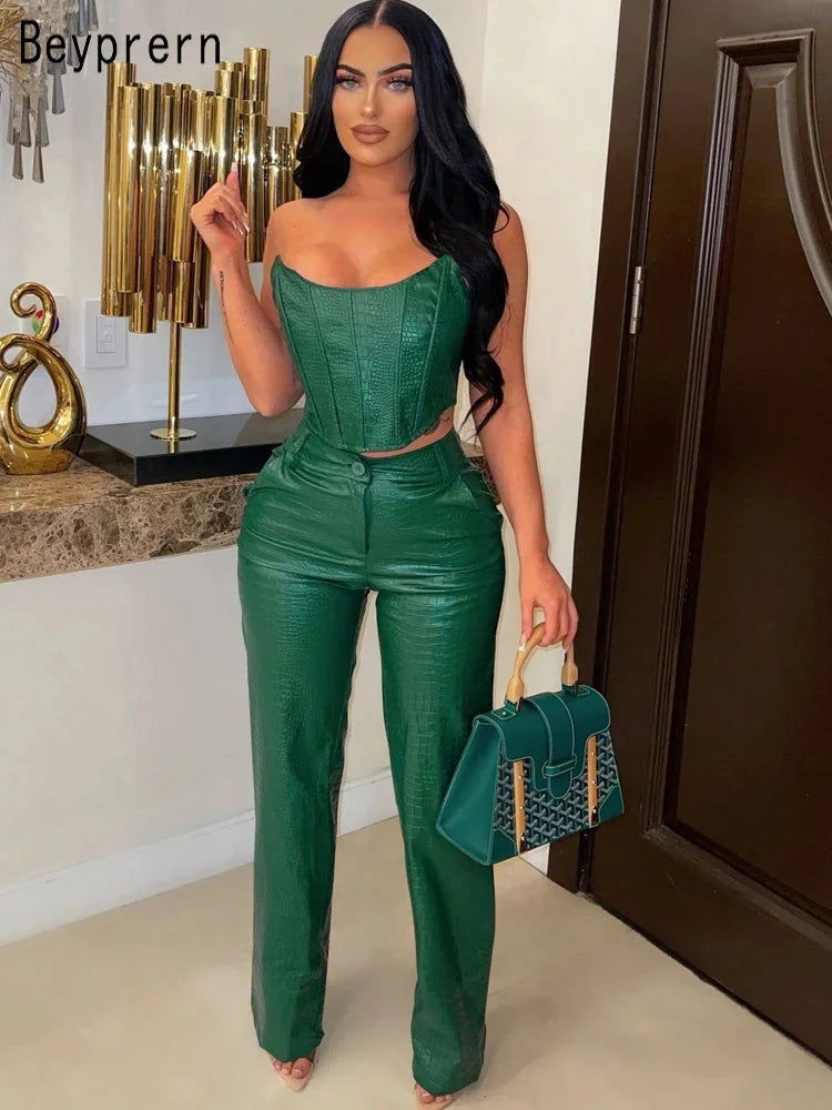 Women's Green Corset Cut-Out Cargo Metallic Jumpsuits PU Leather Matching Set Sexy Clubwear 2 Piece Outfits