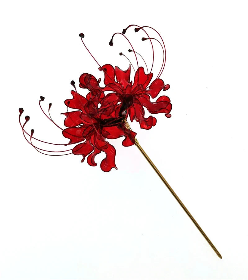 Handmade Lycoris Radiata Flower Hairpin Kanzashi Hair Stick for Kimono Hair Accessory Cosplay Decor Ornament Women Girl Jewelry d