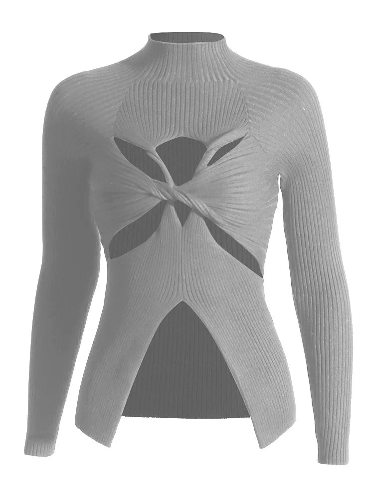 Slimming Crisscross Hollow Out Knitting Sweaters For Women Round Neck Long Sleeve Solid Casual Chic Sweater Female