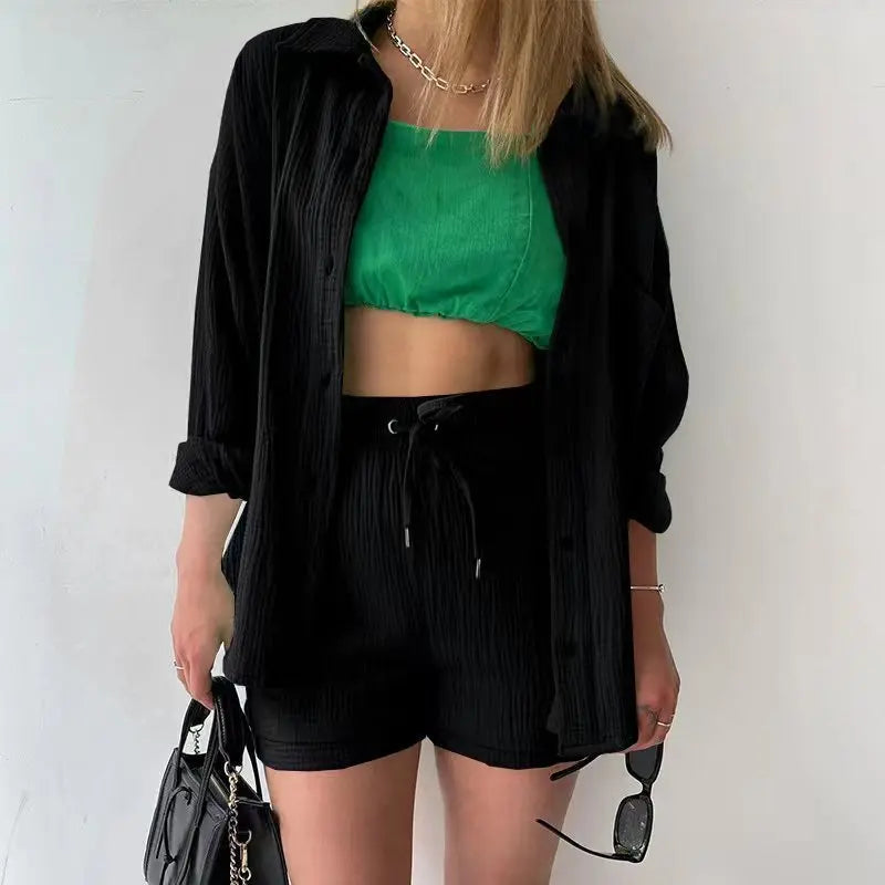 2 Piece Casual Sleepwear Cotton Pajamas for Women Turn-Down Collar Sleep Tops Suits with Shorts Gauze Cardigan Homewear Summer black