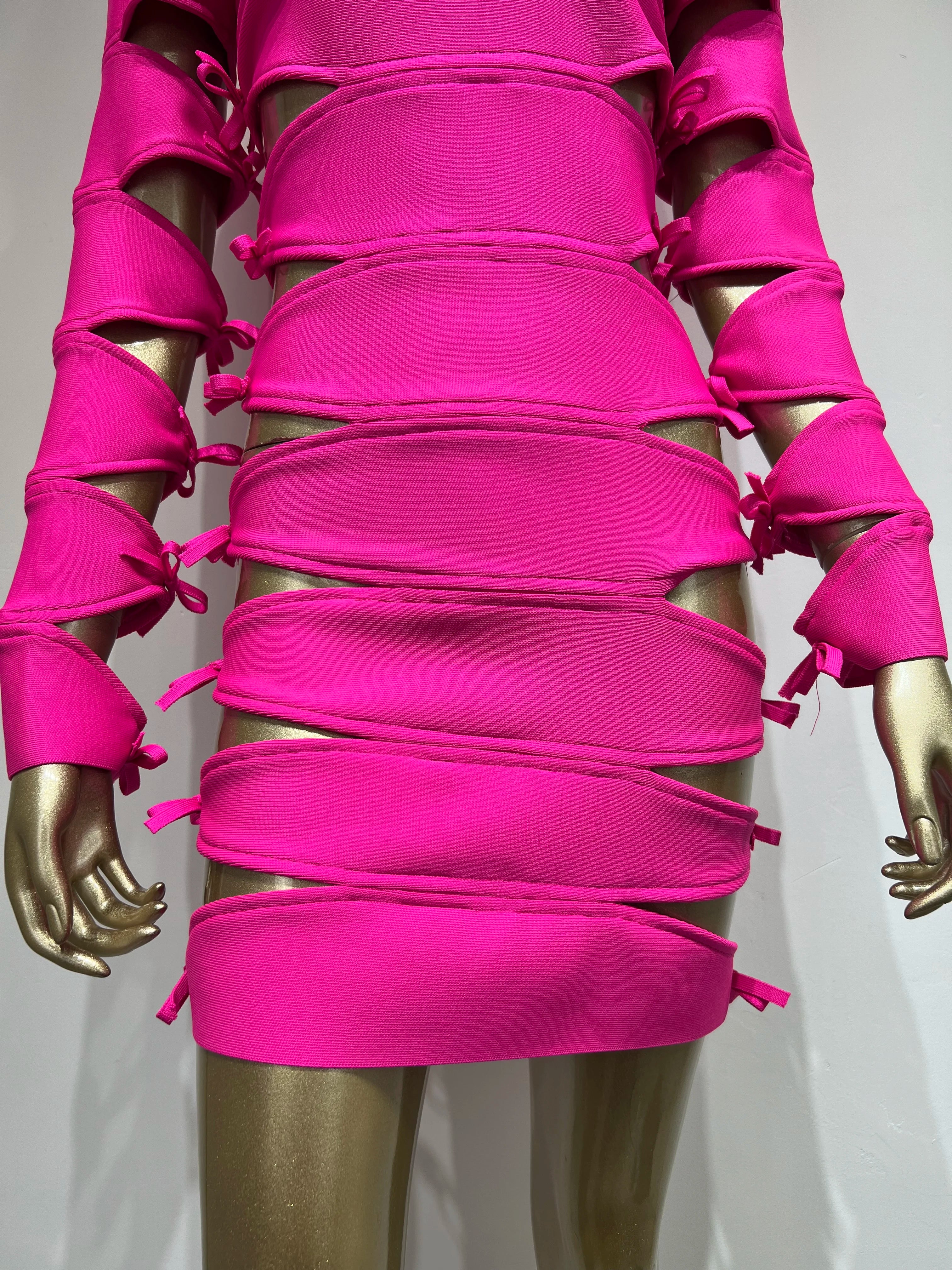 Autumn Fashion Women Sexy Long Sleeve Hollow Out Pink Bow Tie Mini Bandage Dress 2023 Elegant Evening Club Party Dress