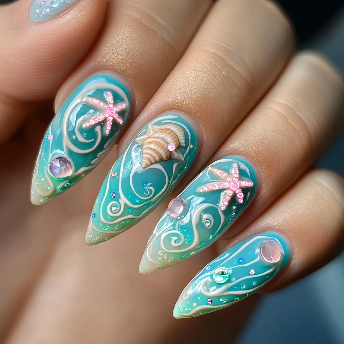 Medium fake nails for women gilrs gradient blue pink starry sky star moon Y2K design Almond nail tips press on false nail set