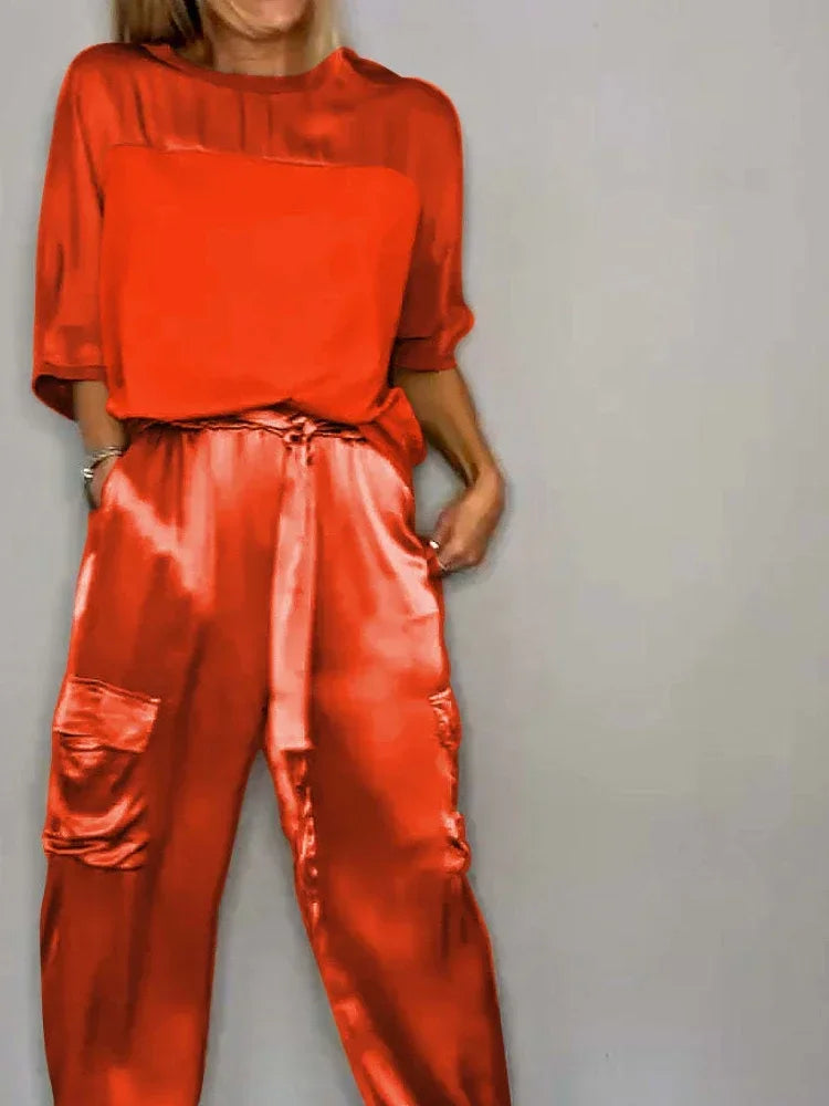 Summer Fashion New Elegant Women's Plus Size Set Street View Smooth Satin Half Sleeve Shirt Casual Pants Sports Two Piece Set