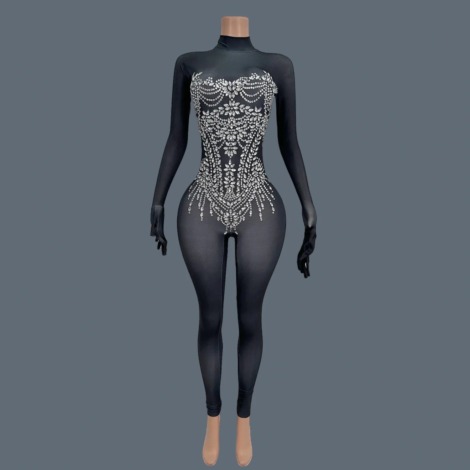 Sexy Women Long Sleeve Rhinestone Jumpsuit Gloves Festival Celebrate Party Outfit Club Stage Show Tight Fitting Jumpsuit Zhubao