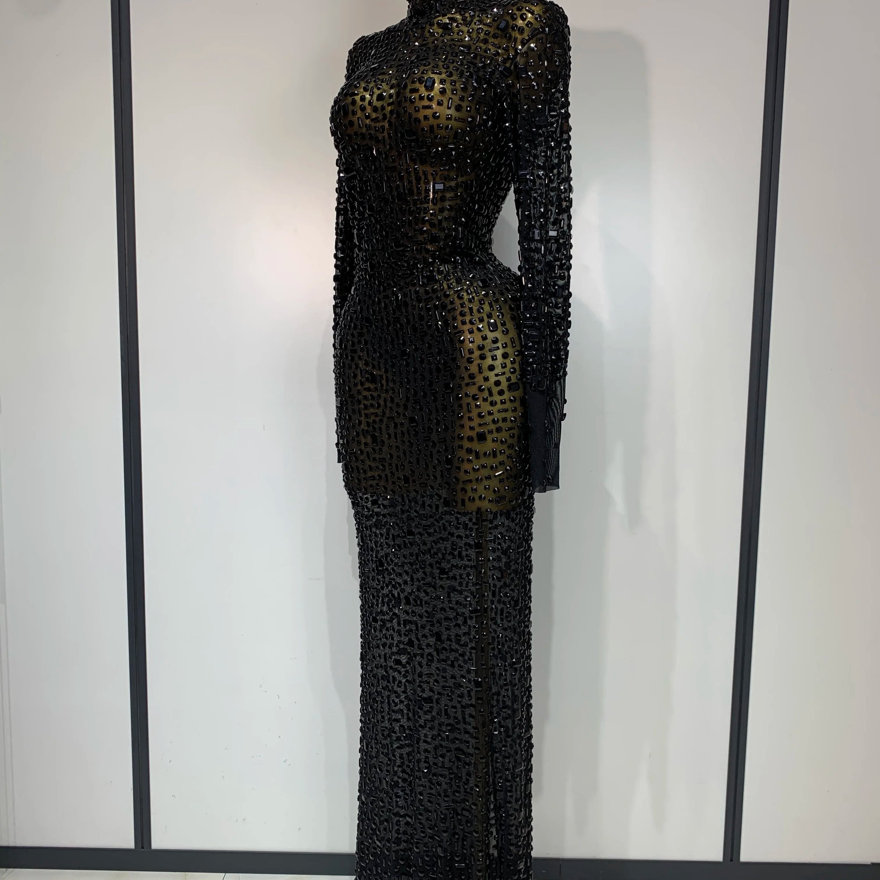 Sparkly Luxury Rhinstones Long Sleeve Elegant Party Dress Women 2025 Performance Stage Outfit Evening Birthday Prom Gown