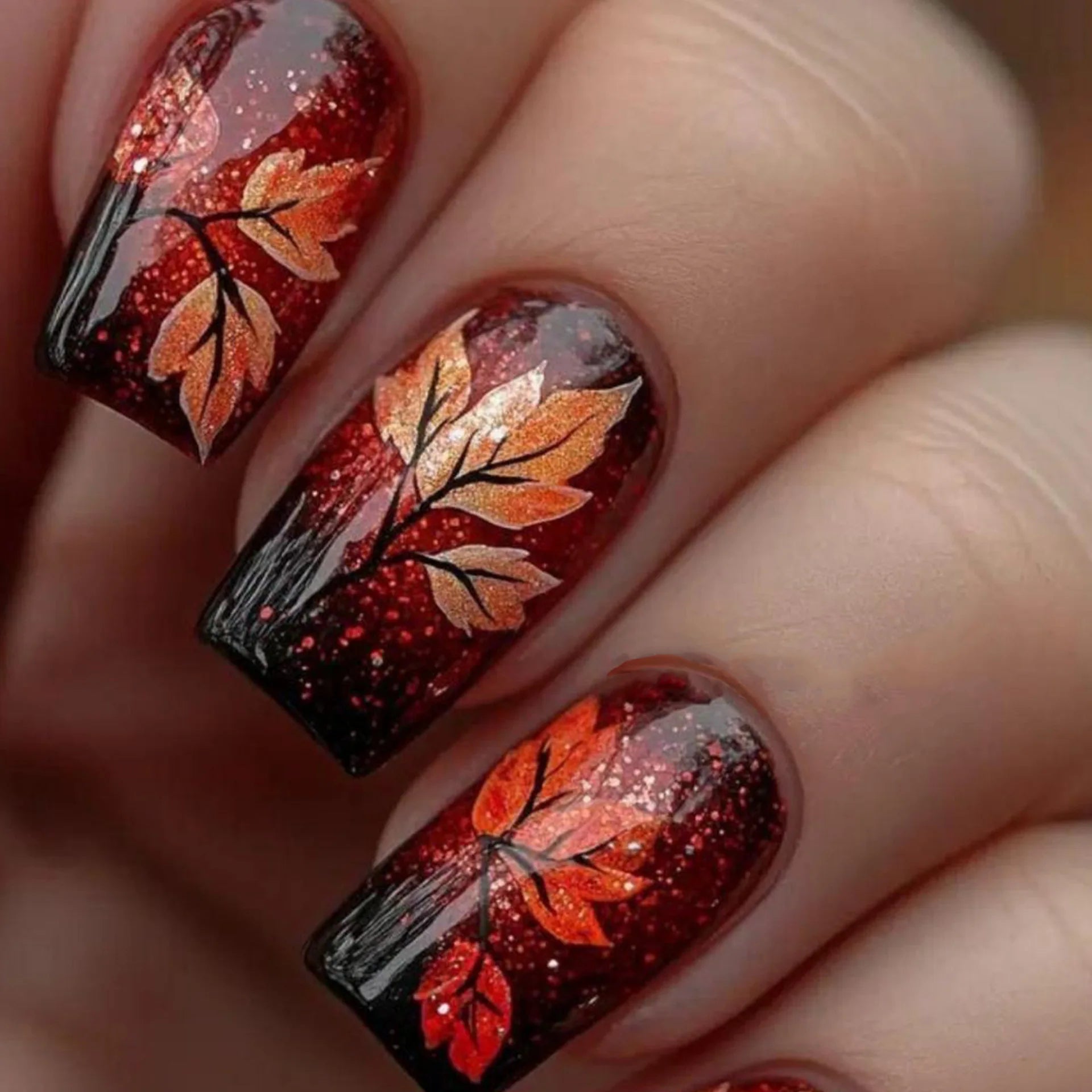 24Pcs Mid-length Square Head Press on False Nails with Golden Butterfly Full Cover Nails Tips with Jelly Glue Wearable Fake Nail