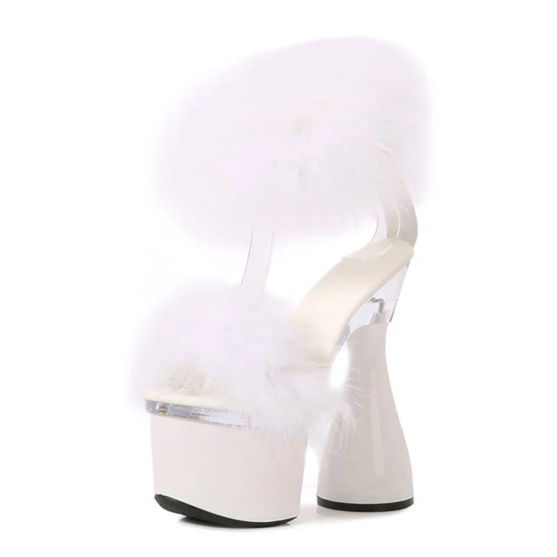 Women's 17.5CM Ultra High Heel Black White Red Platform Sandals Summer Fashion Furry Open Toe Nightclub Stage Round Heels Shoes