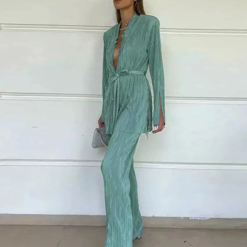 Clacive Autumn Green Pleated Pants Set Bodycon Slit Trosuer Suits Fashion Lace-Up Long Sleeve Blazer 2 Piece Sets Womens Outfits