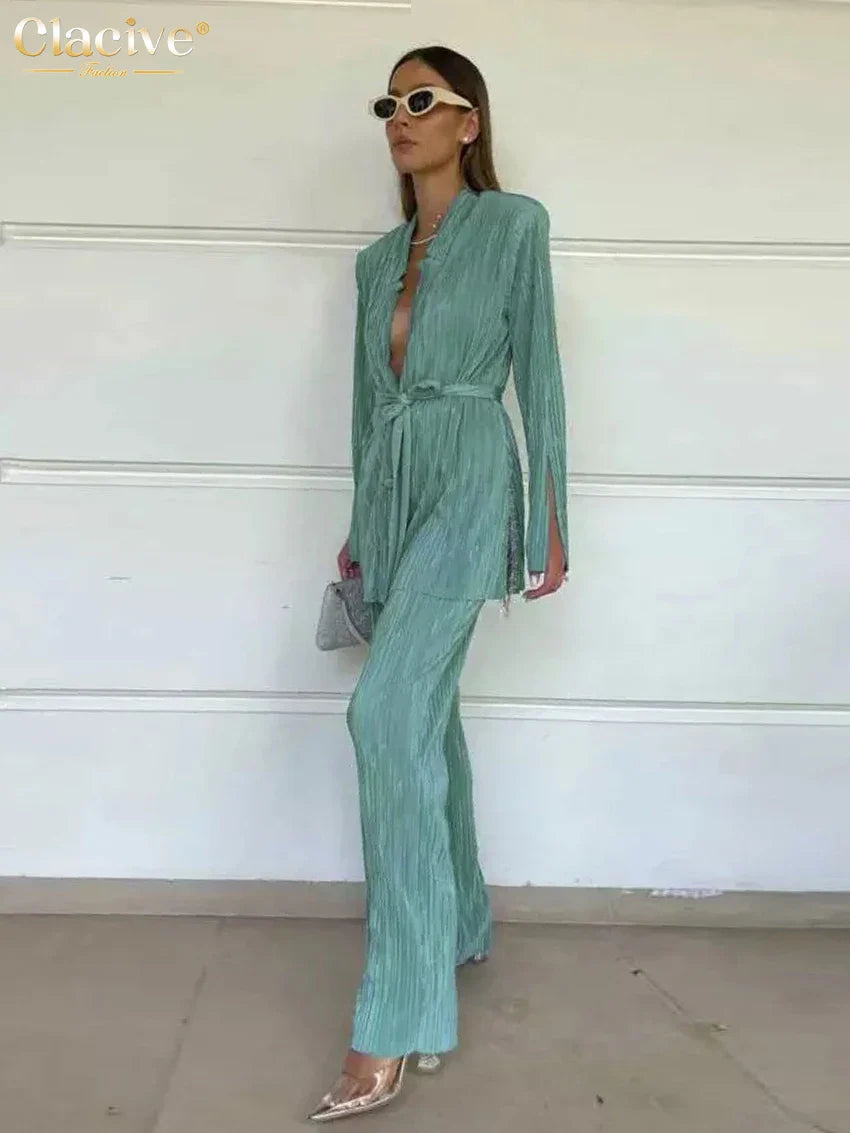 Clacive Autumn Green Pleated Pants Set Bodycon Slit Trosuer Suits Fashion Lace-Up Long Sleeve Blazer 2 Piece Sets Womens Outfits