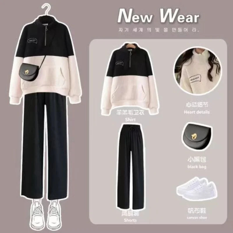 Velvet and Thickened Lamb Hair Outer Set for Women's Autumn and Winter New Korean Casual Wide Leg Pants Fashion Two Piece Set Two-piece suit 04