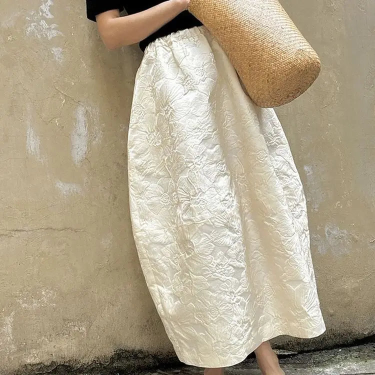 New Arrival Spring/summer Arts Style Women Casual Loose Fit Elastic Waist A-line Jacquard Design Ankle-length Skirt P02 Beige