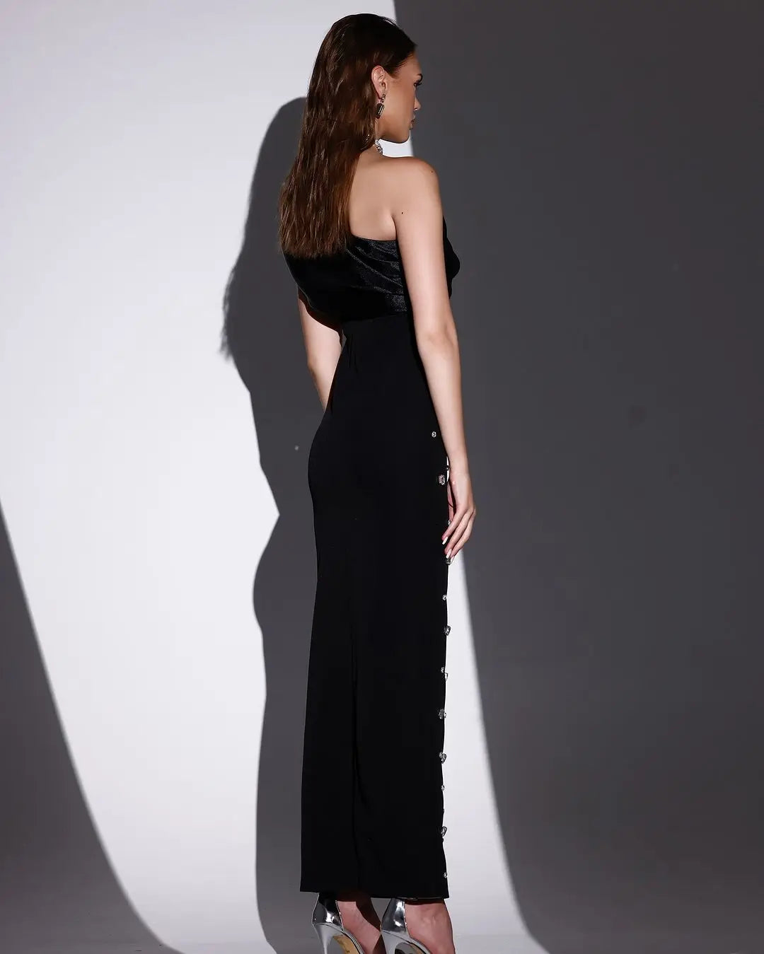Rosered Black Color Women Sexy One Shoulder Shinning Crystal Bodycon Bandage Long Dress Celebrate Fashion Evening Party Outfit