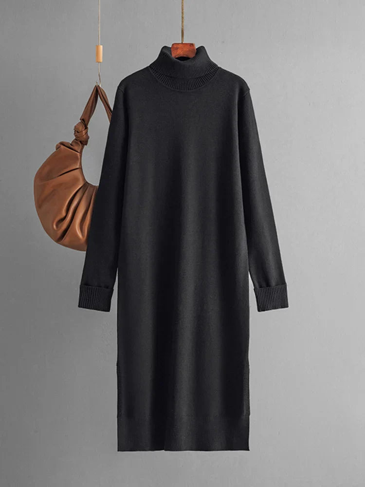 Streamgirl Autumn Turtleneck Slit Dresses For Women Winter Solid Casual Straight Basic Knitted Sweaters Dress Women Elegant Black One Size