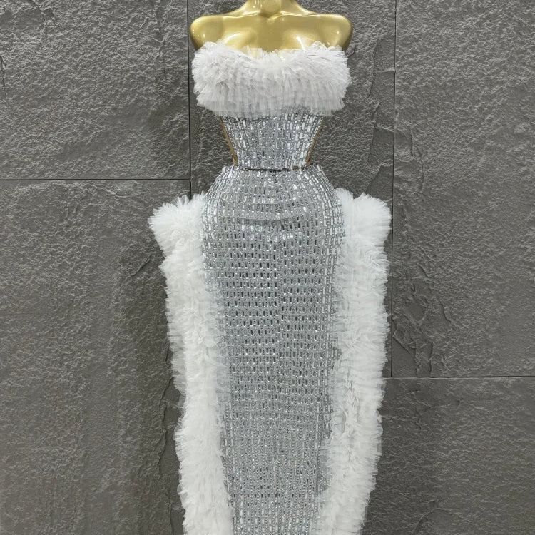 STOCK Women Sexy Mesh Ruffles 2 Pieces Laced-up Ball Gown Long Dress Fashion Nightclub Party Performance Costume Stage Wear