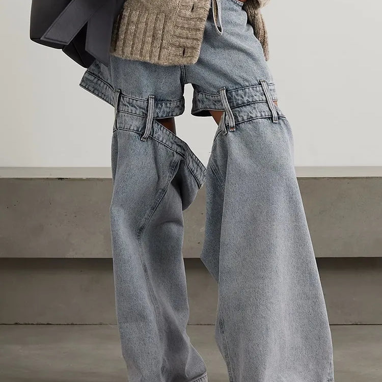 Spliced Zipper Hollow Out demin Jeans For Women High Waist Patchwork Pockets Wide Leg Jean Female Fashion Clothing LIGHTBLUE