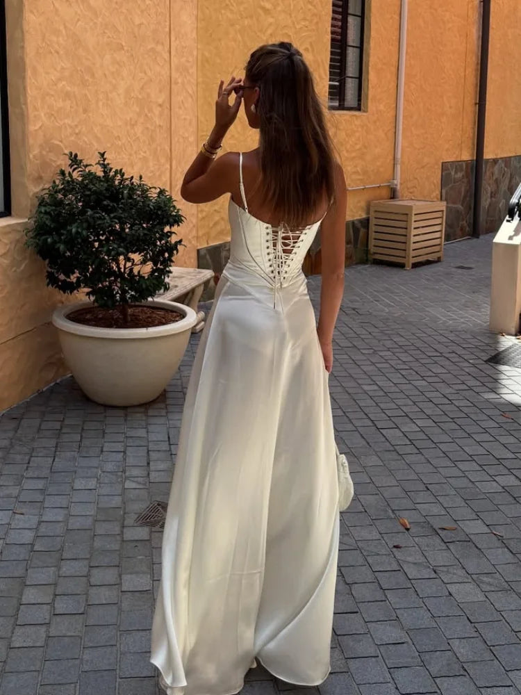 Elegant Solid Satin Ruffles Sling Long Dress Lady Sexy Square Collar Backless Sleeveless Lace Up Robes Chic Women Party Dresses