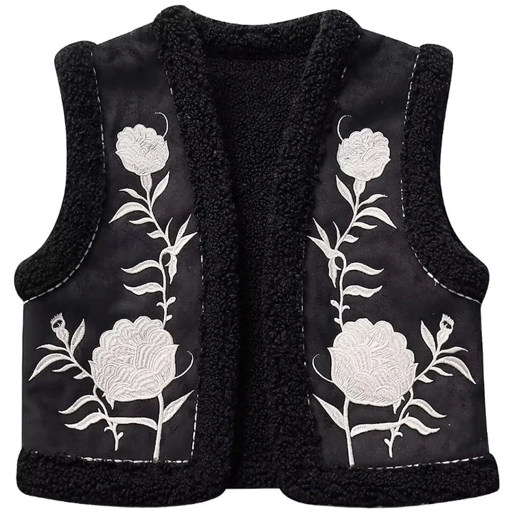 Women's Fashion Flower Embroidery Reversible Vest Vintage Suede Lamb Warm Vest Short Loose Sleeveless Vest Street Style Ves Black-TRAF164