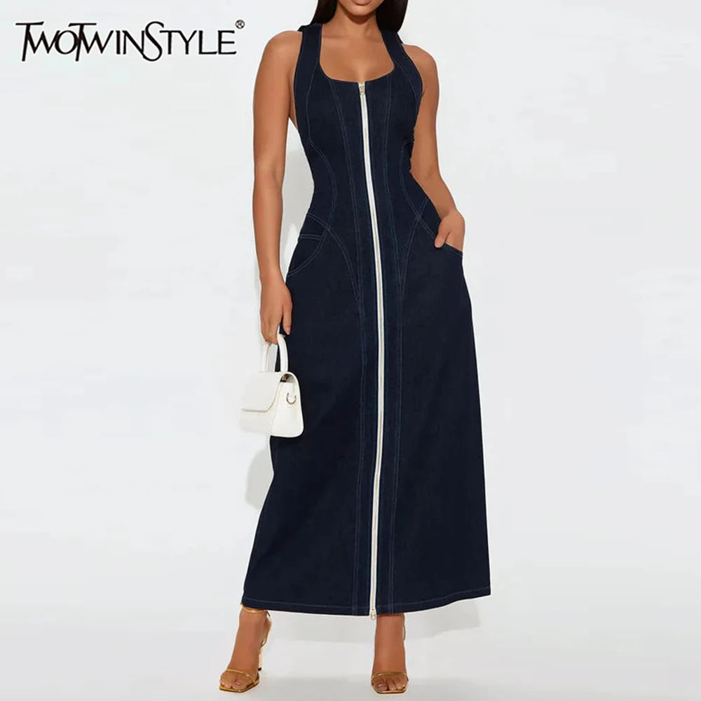 TWOTWINSTYLE Solid Slimming Spliced Zipper Cowboy Dresses for Women Halter Neck Sleeveless Temperament Dress Femlae Fashion New