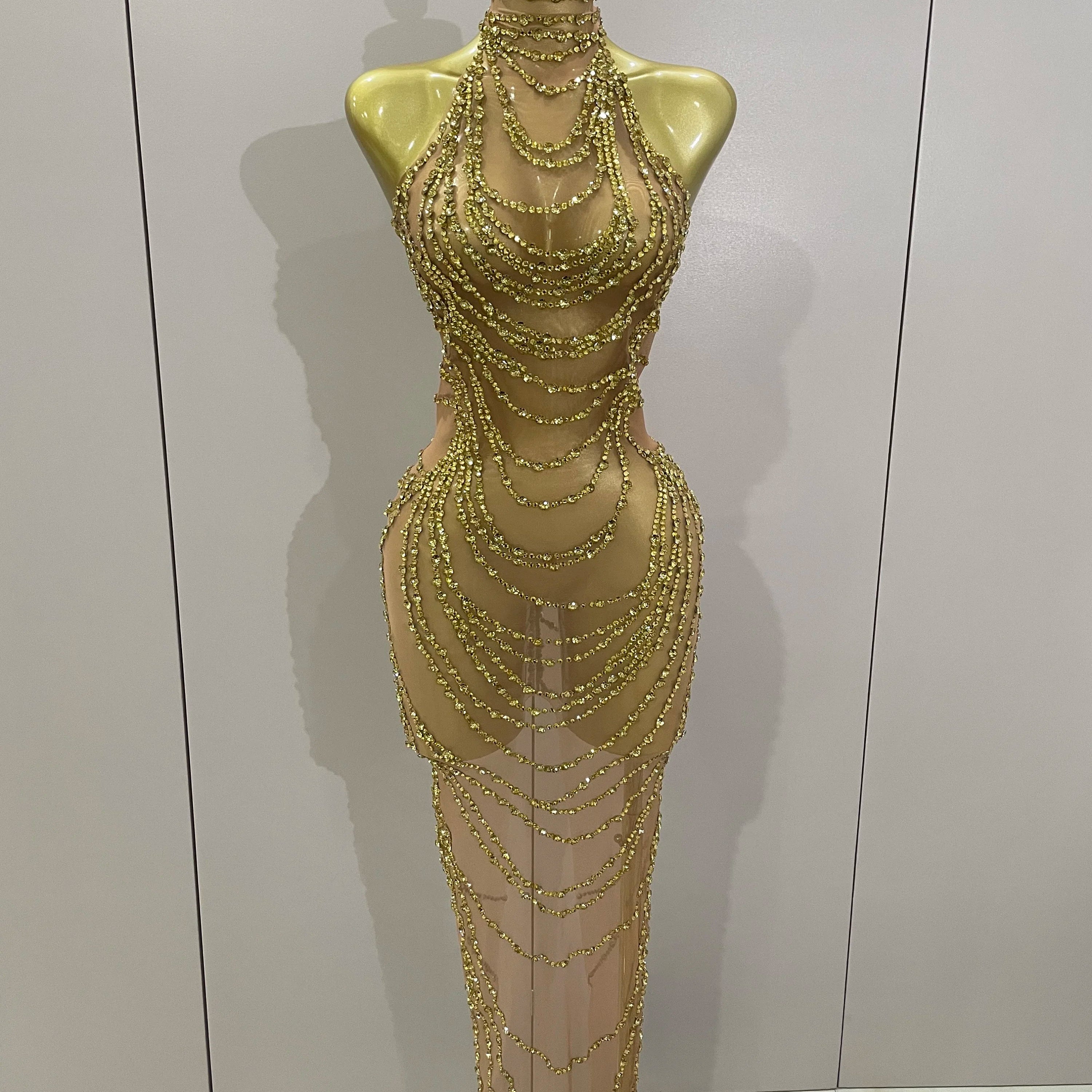 Luxury Sparkly Gold Rhinestone Sexy Transparent Mesh Long Dress 2025 Women Birthday Party Gown Stage Singer Performance Costume