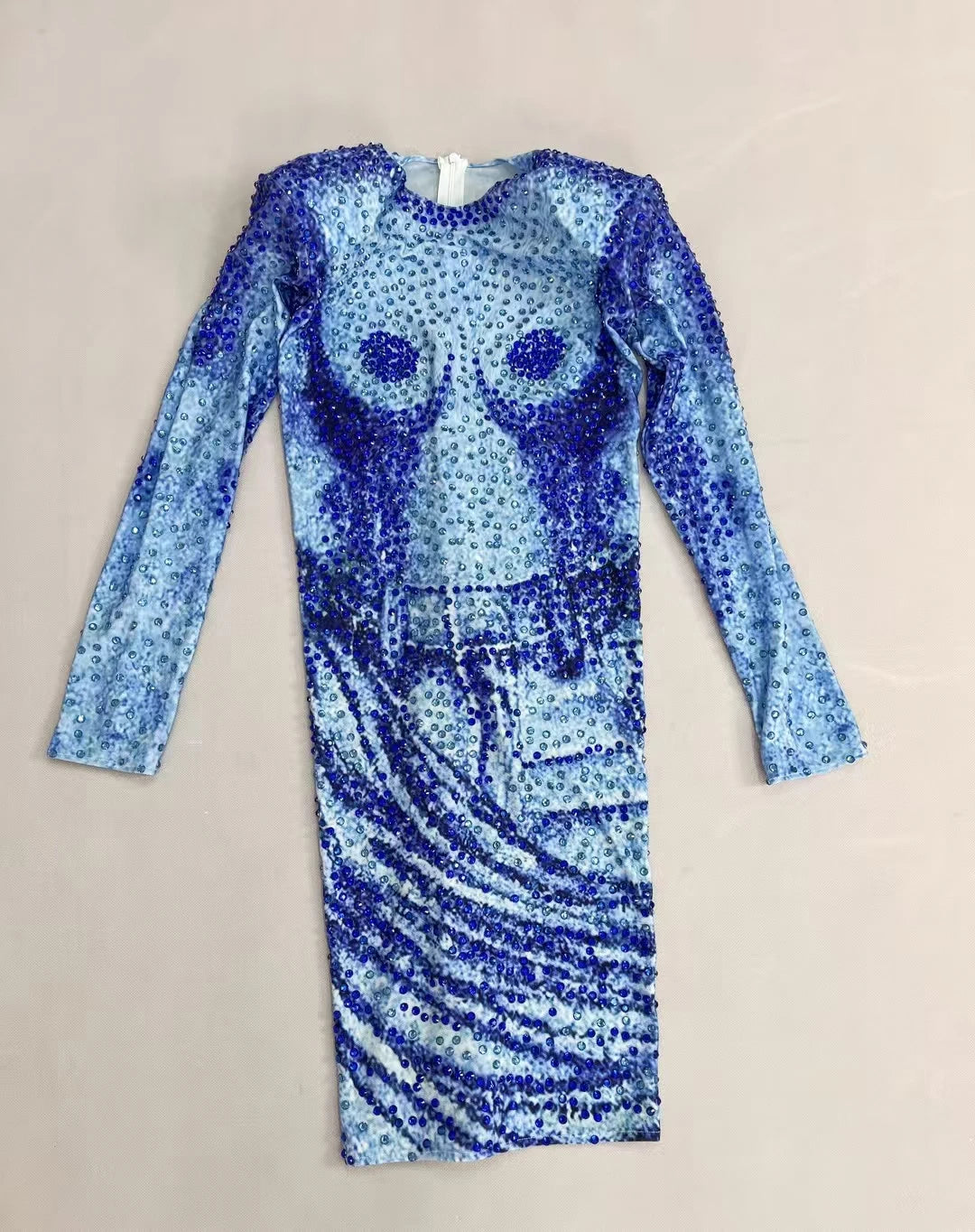 Fashion Sparkly Blue Rhinestones Long Sleeve Mini Dress Club Hot Girls Birthday Party Performance Show Skinny Dress Lanniuzai