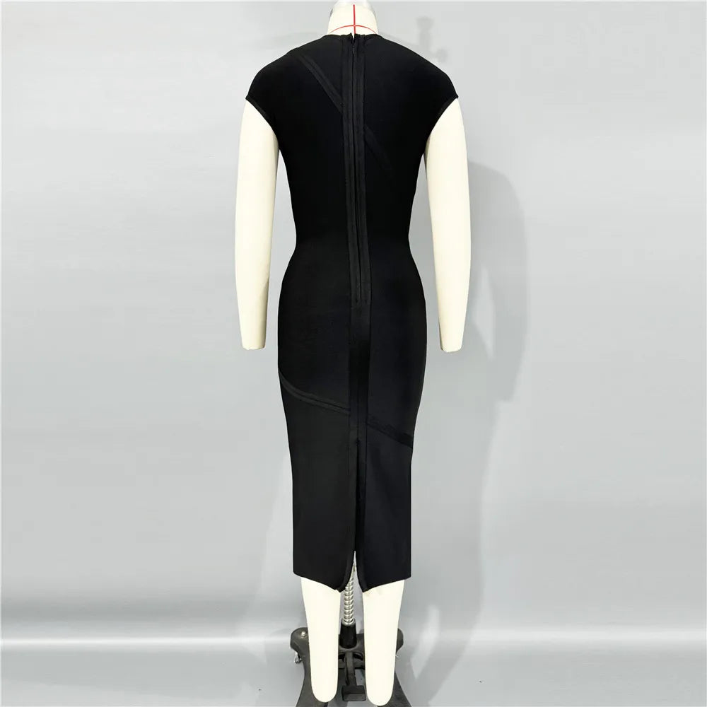 2025 New Summer Women Short Sleeve Sexy Shinning Crystal Bodycon Mid-calf Bandage Dress Celebrate Evening Party Birthday Outfit