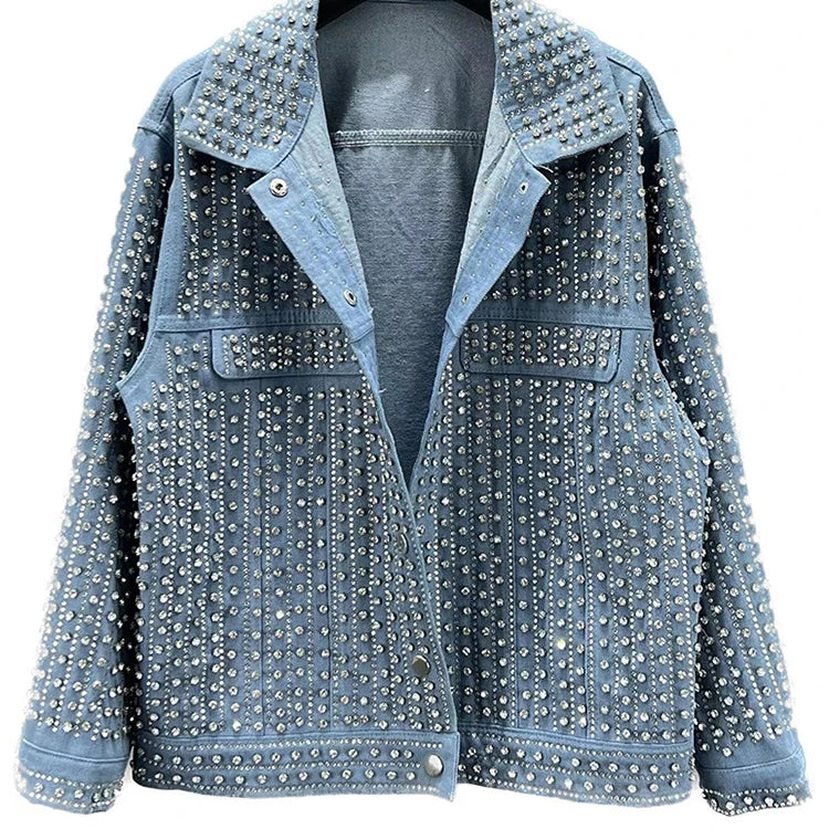 Streetwear Patchwork Rivet Denim Jacket Women Fashion Lapel Long Sleeve Loose Coats Female Outerwear Autumn Trend