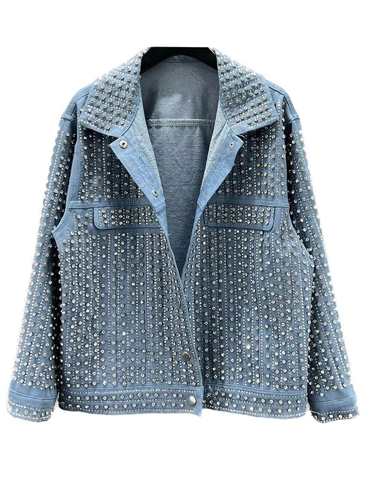 Streetwear Patchwork Rivet Denim Jacket Women Fashion Lapel Long Sleeve Loose Coats Female Outerwear Autumn Trend