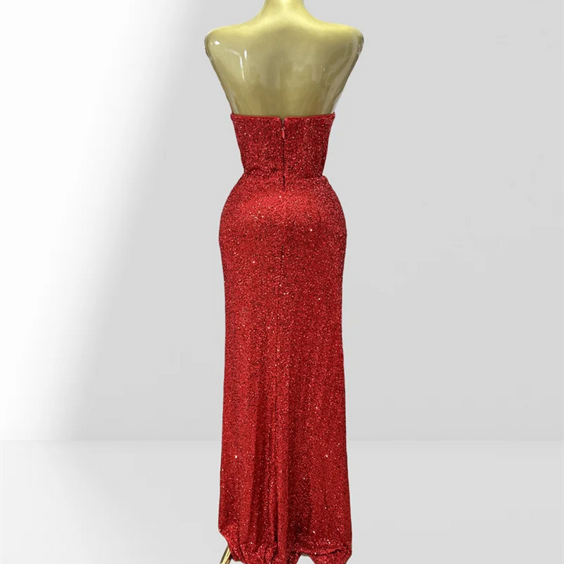 Haute Couture Red Sequins Sexy Off The Shoulder High Split Ankle Lenght Dress Woman Birthday Party Dress Celebrity Patry Outfit