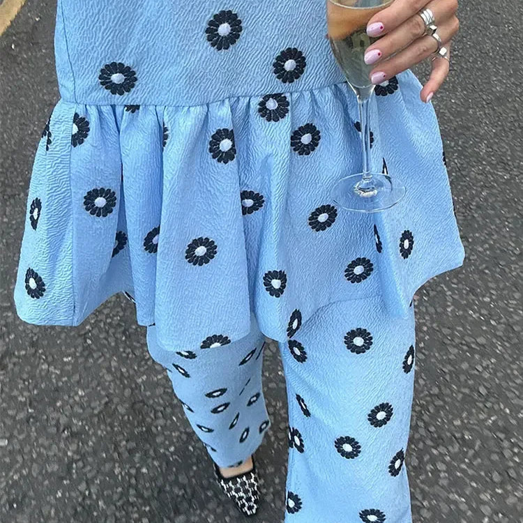 Women Print Ruffles Shirts 2 Pcs Sets Fashion Short Puff Sleeve Round Neck Tops High Waist Pant Suits New Lady Commuting Outfit