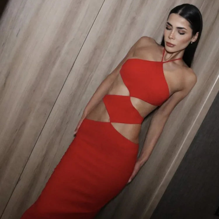 Summer Red Color Women Sexy Halter Cut Out Bodycon Bandage Long Dress Fashion Birthday Christmas Cocktail Party Dress