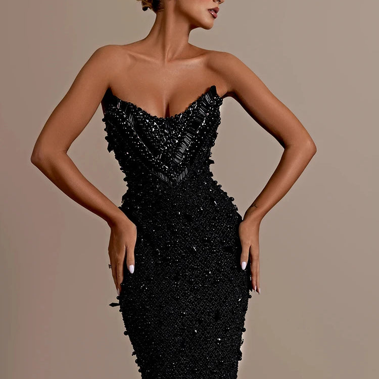 VC Stunning Strapless Sleeveless Black Crystal Sequin Dress Luxury Party Evening Gown