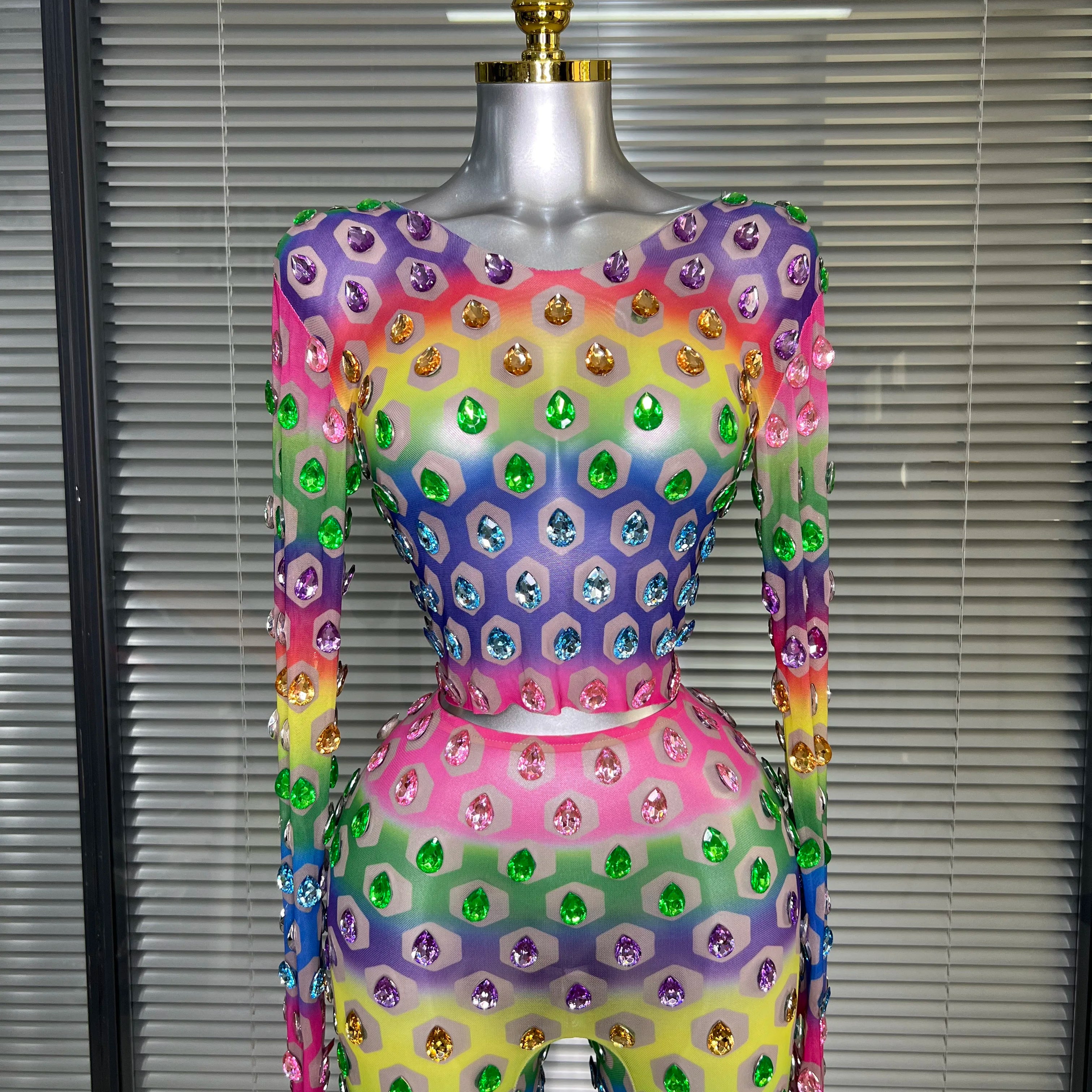 Women Sexy Two Pieces Set Crystal Diamond Night Club See Through Stretched Pants Suits Singer Dancer Stage Performance Costume