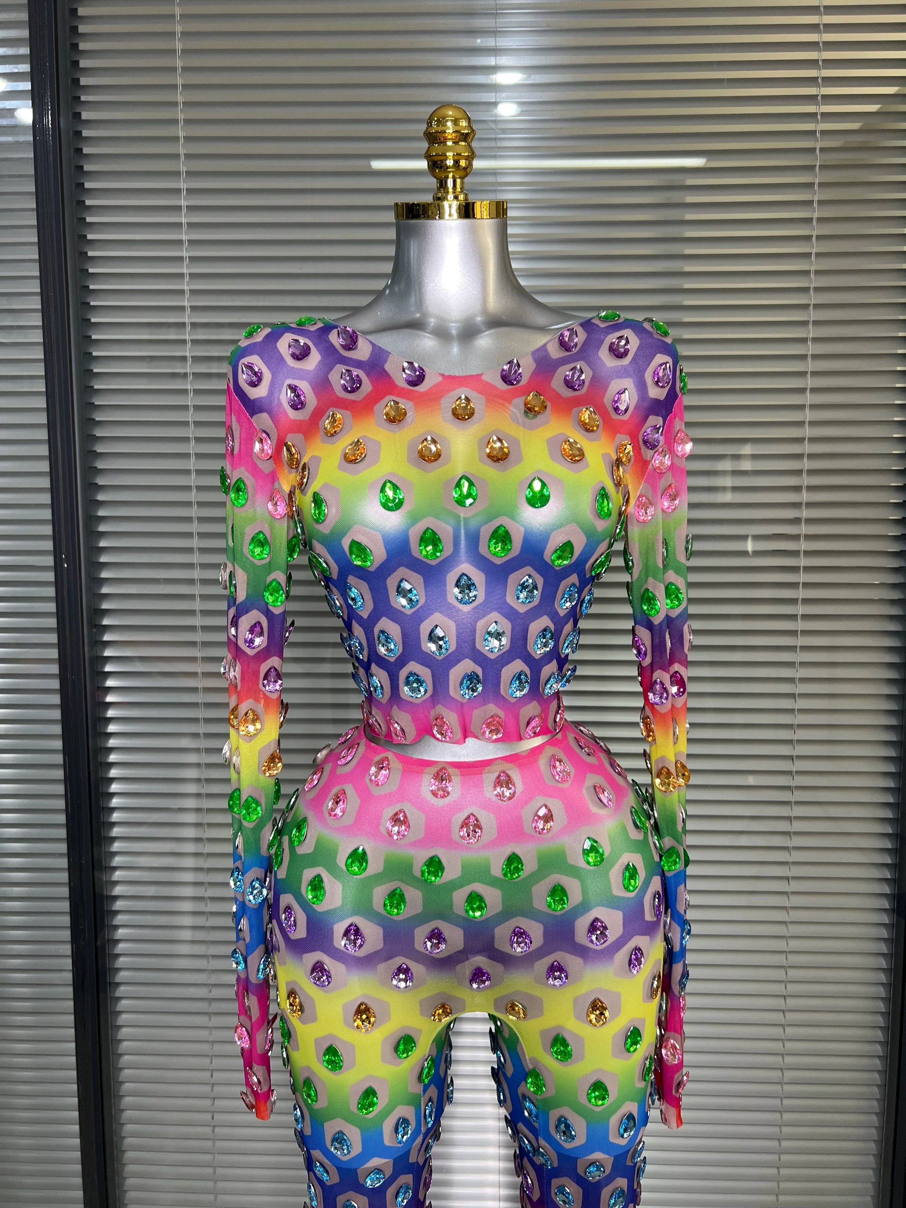 Women Sexy Two Pieces Set Crystal Diamond Night Club See Through Stretched Pants Suits Singer Dancer Stage Performance Costume