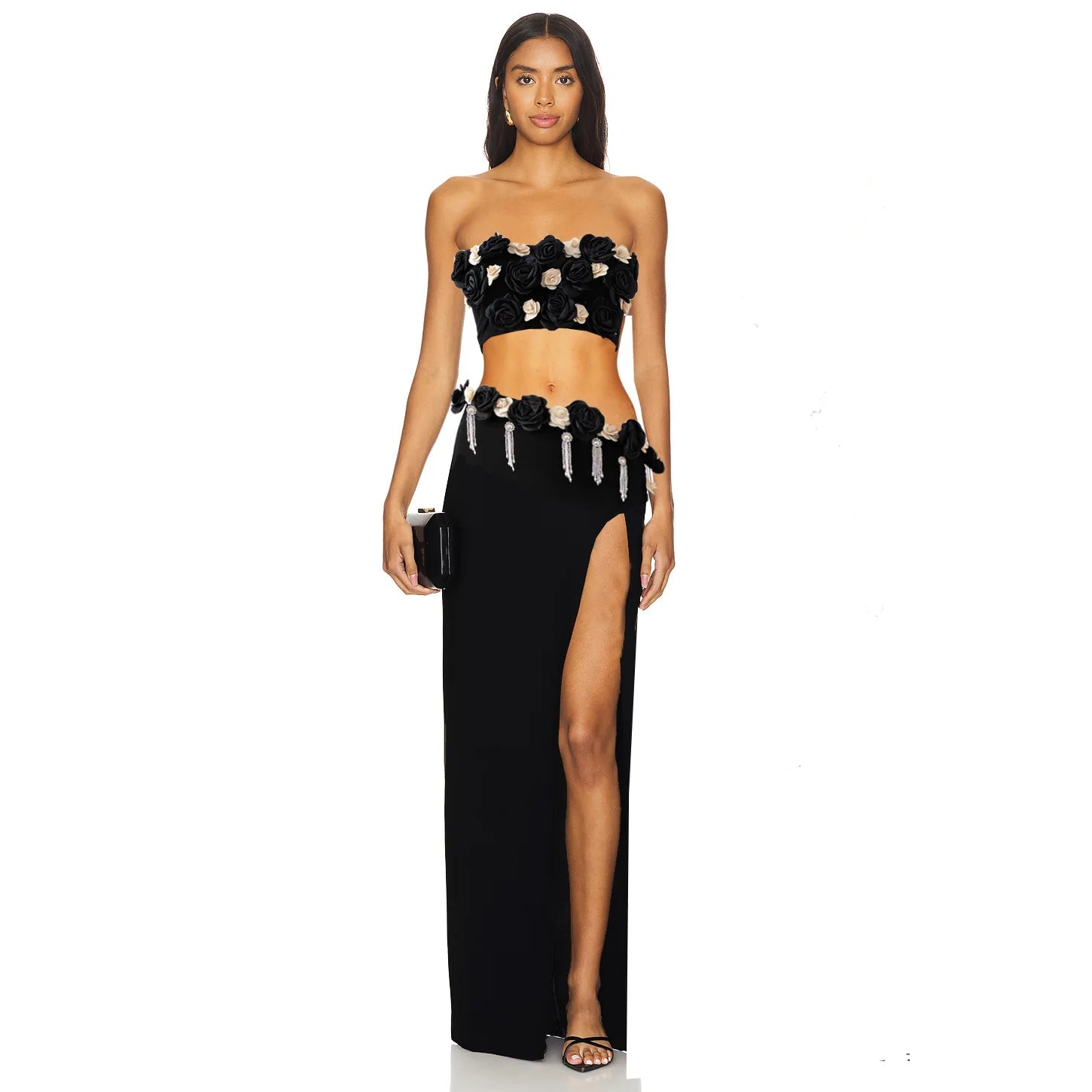 Vestido longo justo preto feminino, sem alças, floral, 2 peças, festa de aniversário, férias, boate