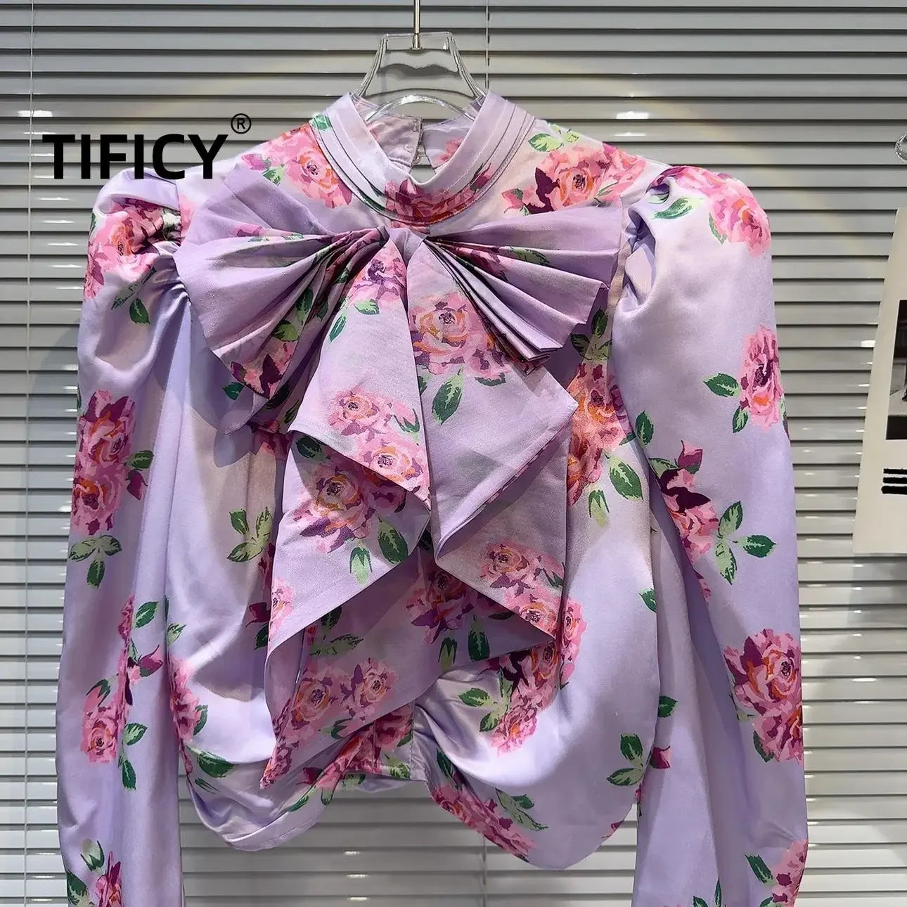 High Street Fashion Blouses Top Women's Autumn French Socialite Bow Collar Flower Print Bubble Sleeve Shirt Tops Blusa