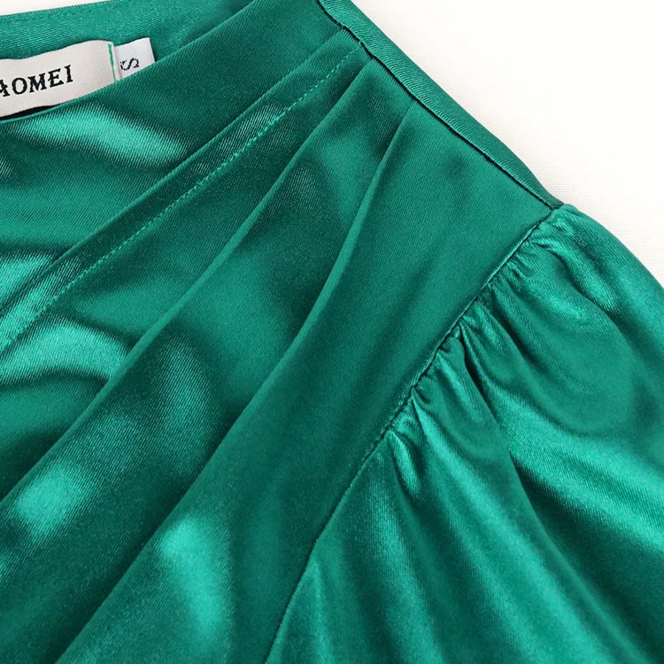 Green One Shoulder Dresses Elegant Women Long Sleeve Eimpire Bodycon Shiny Gowns Irregular Satin Outfit for Ladies Evening Party