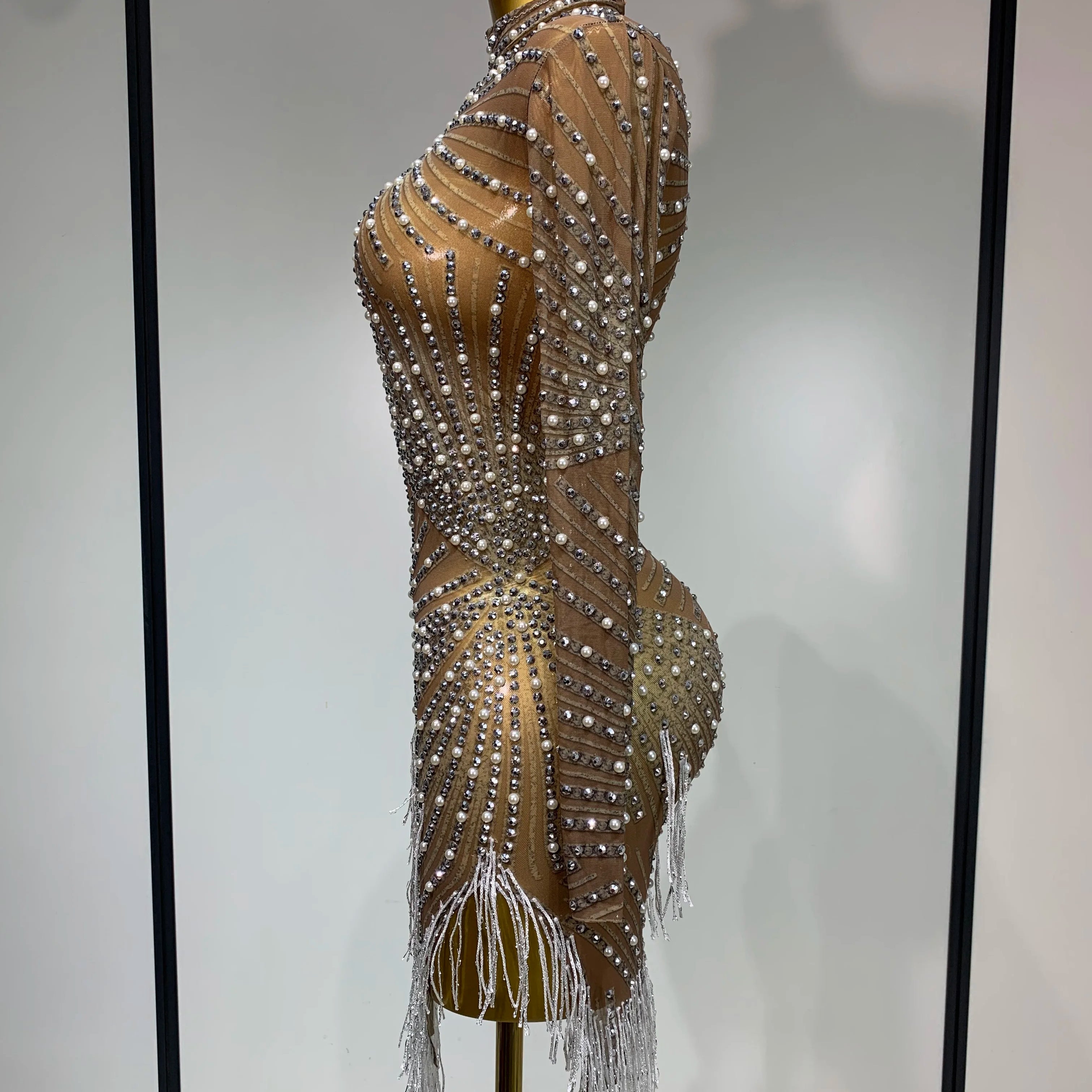 Luxury Rhinestone Tight Short Dress Women Long Sleeve Evening Party Prom Gown Birthdy Nightclub Performance Costume Stage Outfit